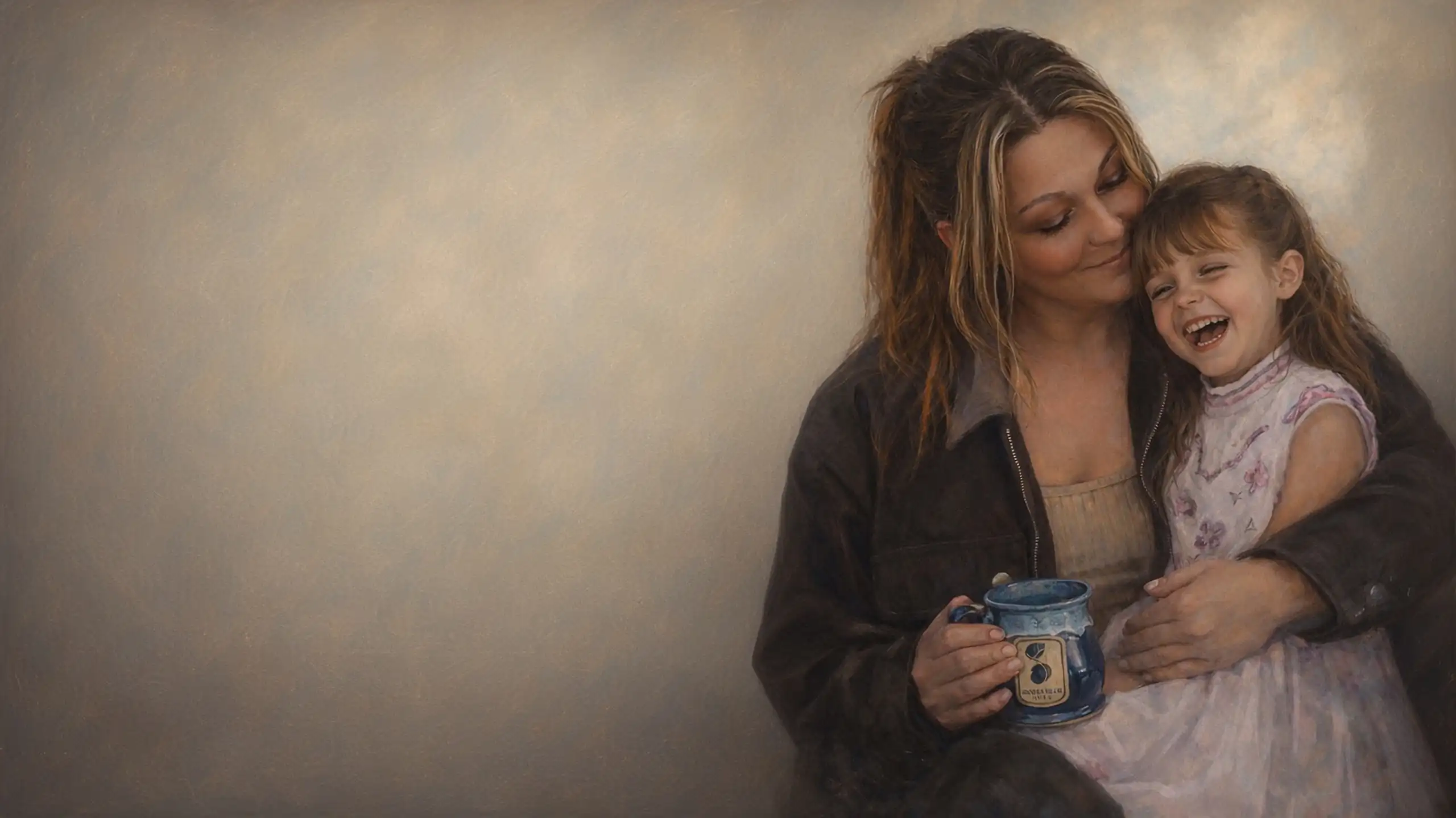 Painted portrait of a mother holding a laughing little girl